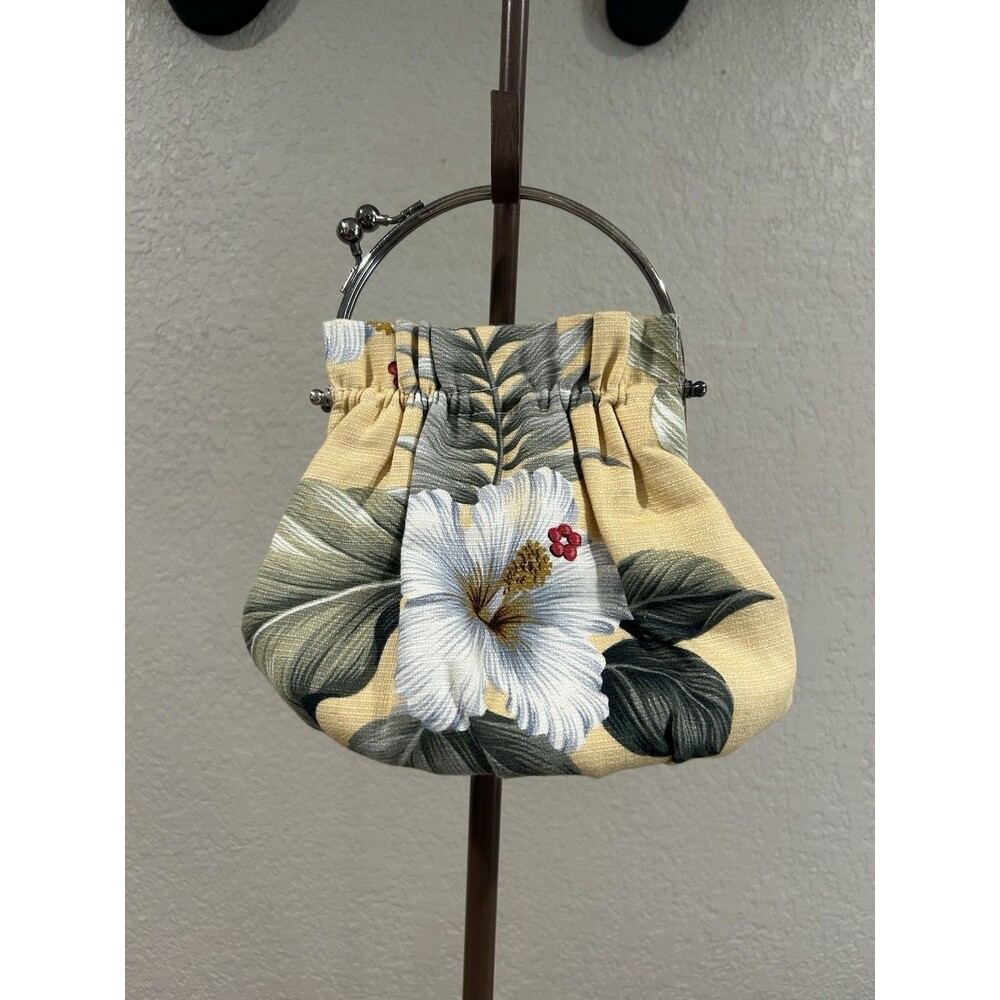 Abba Tropical Floral Cloth Handbag Purse Metal Kiss Lock Hawaiian Small Yellow